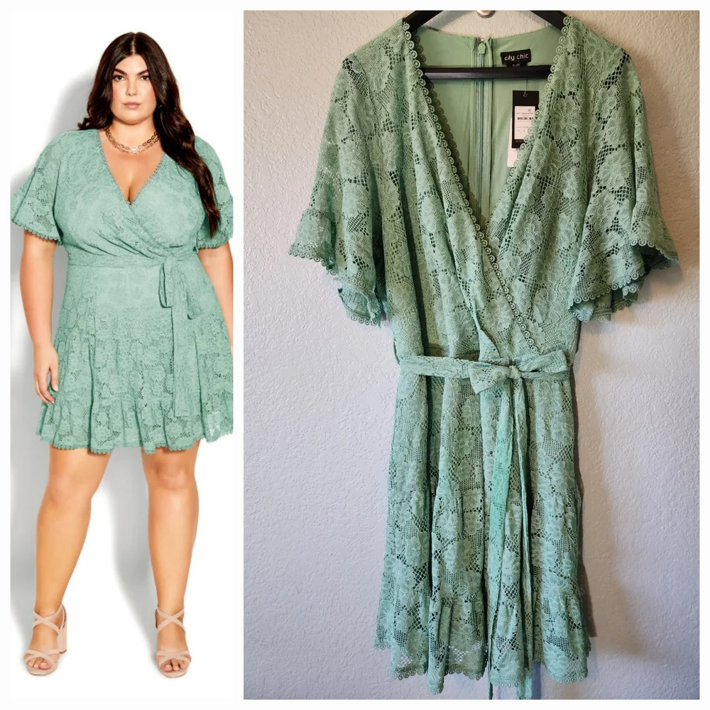 City Chic 22 / XL - Garden Kisses - Sage Green Lace Faux Wrap - Mini Dress - Picture 2 of 8